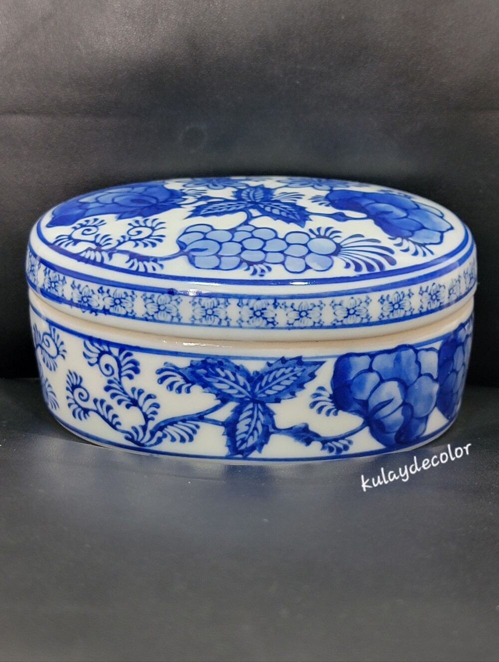 Vintage Oval Blue White Chinoiserie Lidded Trinket Box Butterfly Floral Ceramic